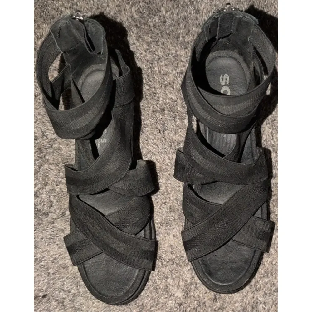 Sorel Joanie™ II Leather Wedge Heeled Sandal Size 9.5 Black EUC - Picture 3 of 6